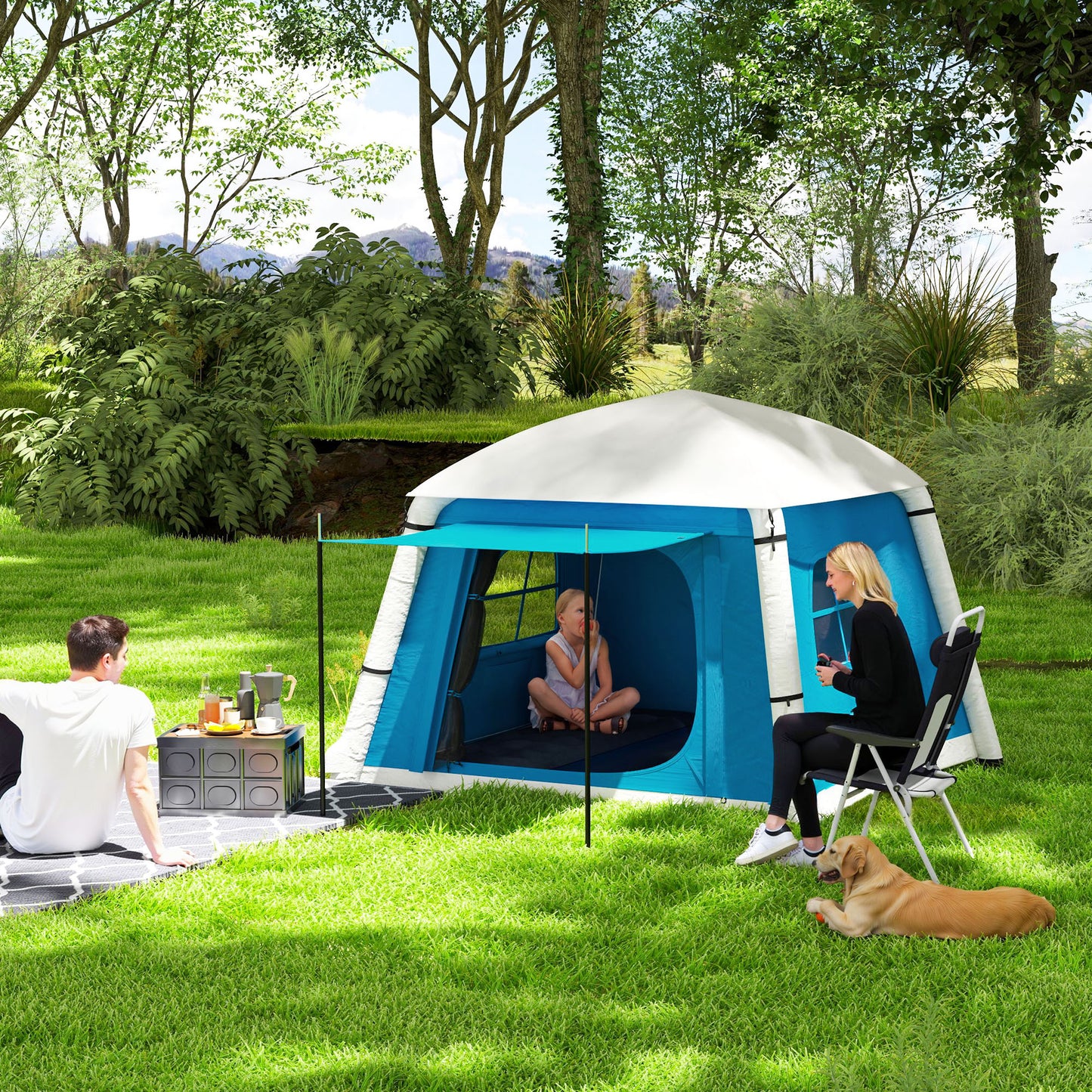 Inflatable Camping Tent w/ Hand Pump, Easy Setup 1/2 Person Blow Up Tent Waterproof 190T Taffeta w/ Mesh Windows