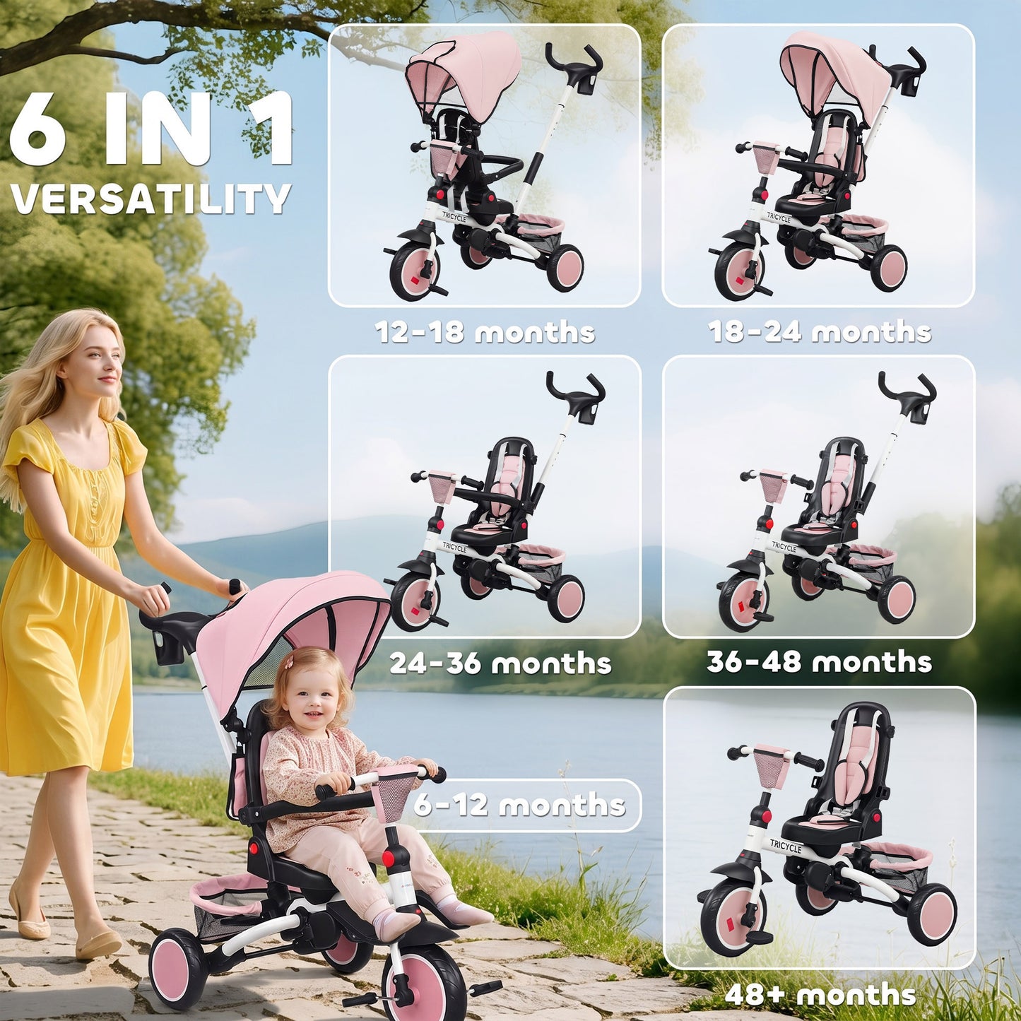 6 in 1 Foldable Kids Trike with Adjustable Parent Handle & Canopy for Ages 1-5, Pink