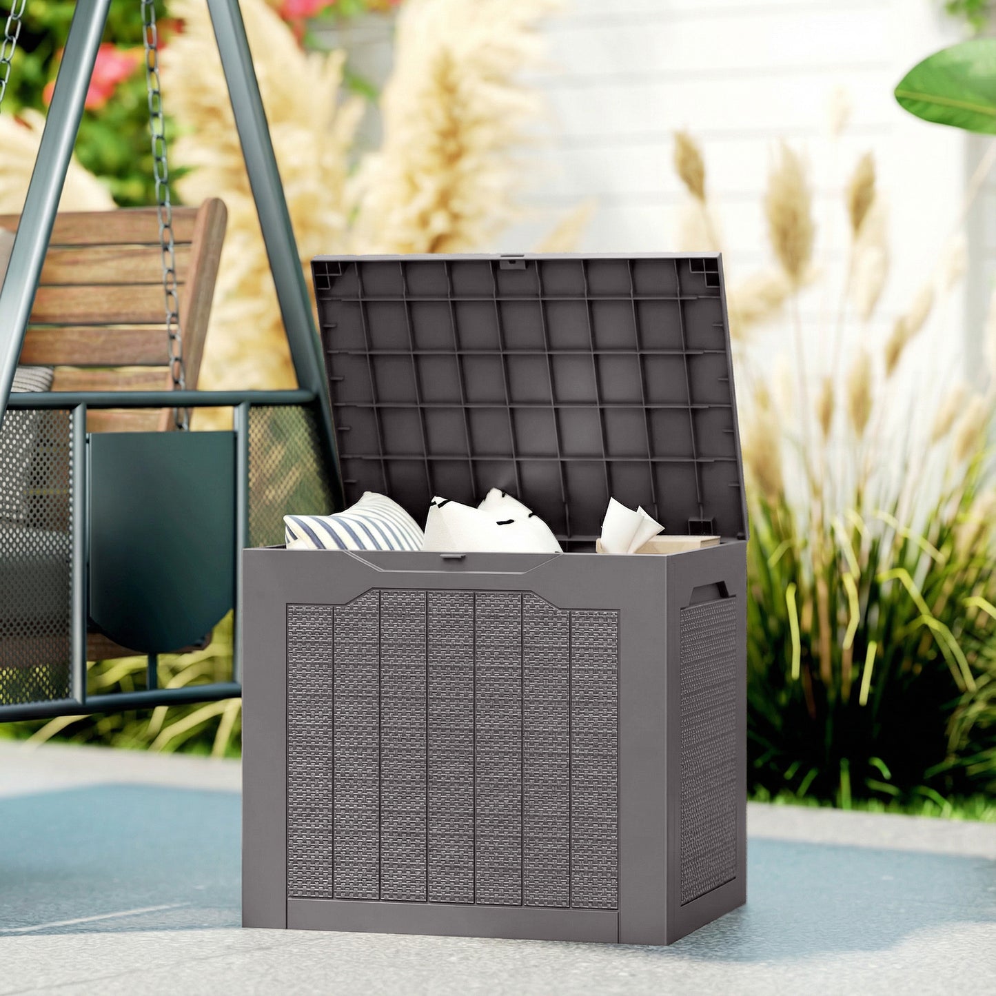 97L Plastic Garden Storage Box, Outdoor Storage Box with Handles, Waterproof Outdoor Storage Container, Brown