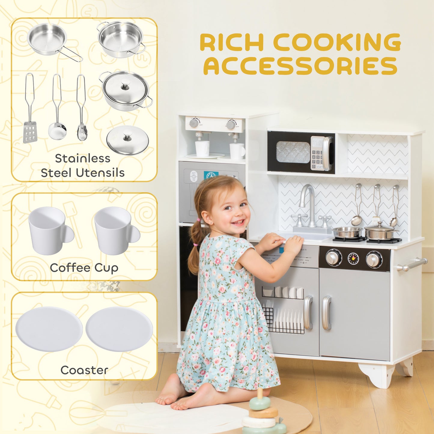 Kids Play Kitchen with Sound, Ice/Coffee Maker, Utensils, Microwave, Stainless Steel Utensils, for 3-6 Years