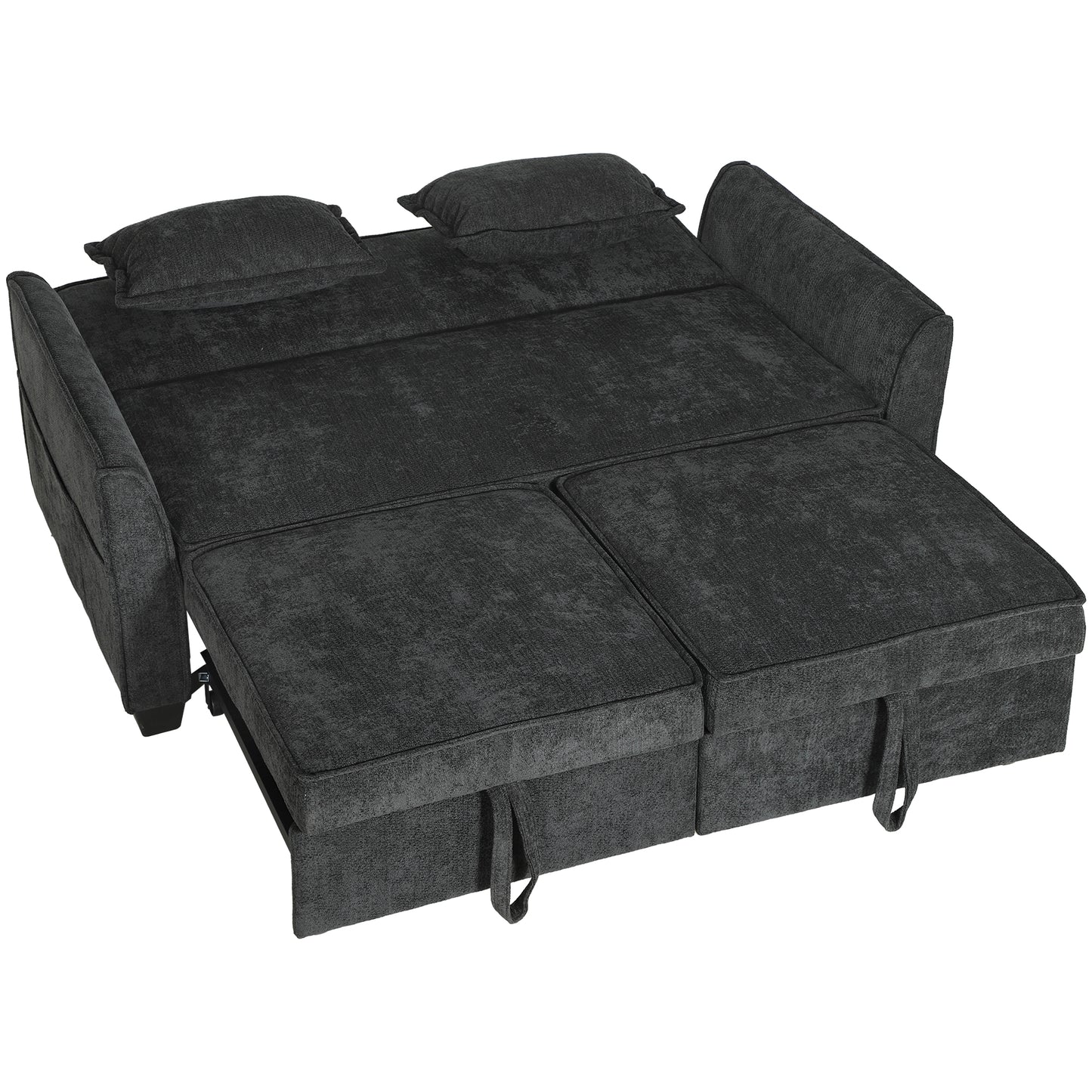 2 Seater Sofa Bed, 4-in-1 L-Shaped Convertible Pull-Out Sleeper Sofa with Adjustable Backrest and Side Pockets, Black