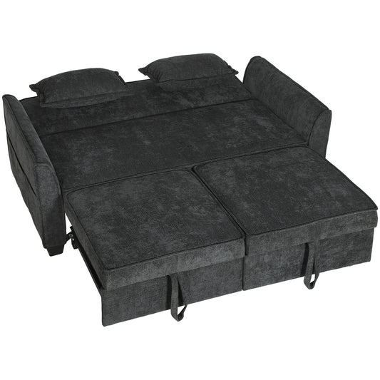 2 Seater Sofa Bed, 4-in-1 L-Shaped Convertible Pull-Out Sleeper Sofa with Adjustable Backrest and Side Pockets, Black