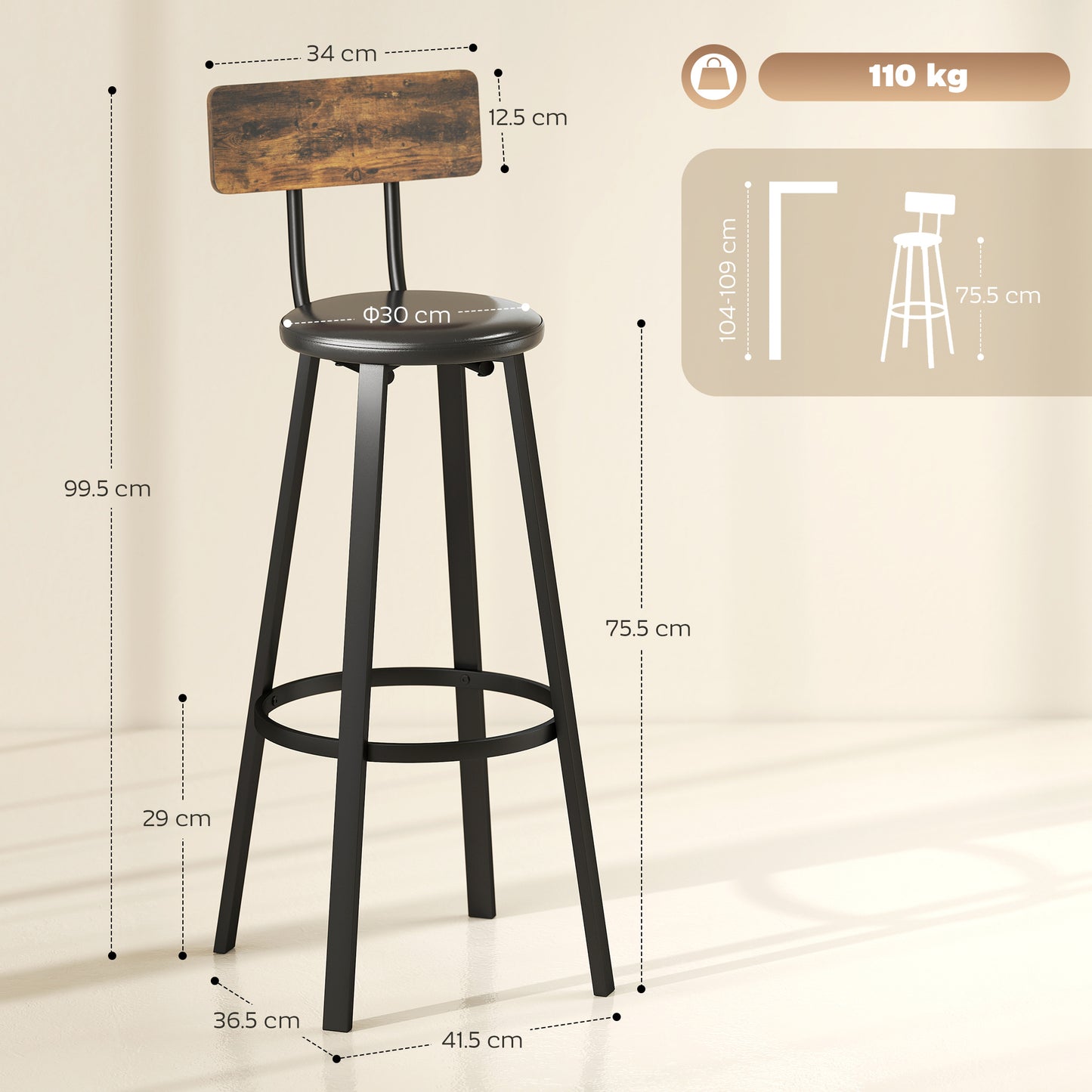 Set of Two Industrial-Style Bar Stools - Brown/Black