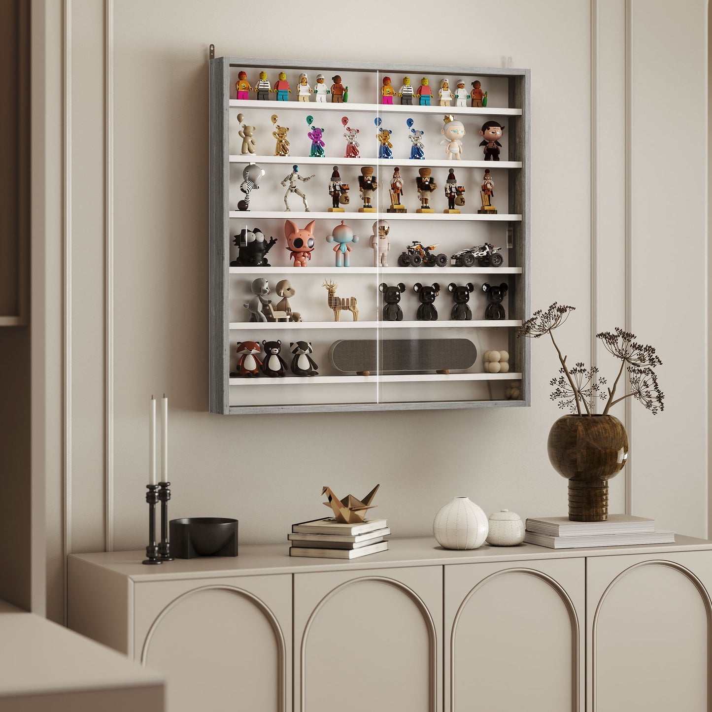 Six Shelf Display Cabinet, with Glass Doors - Graphite Wood Effect