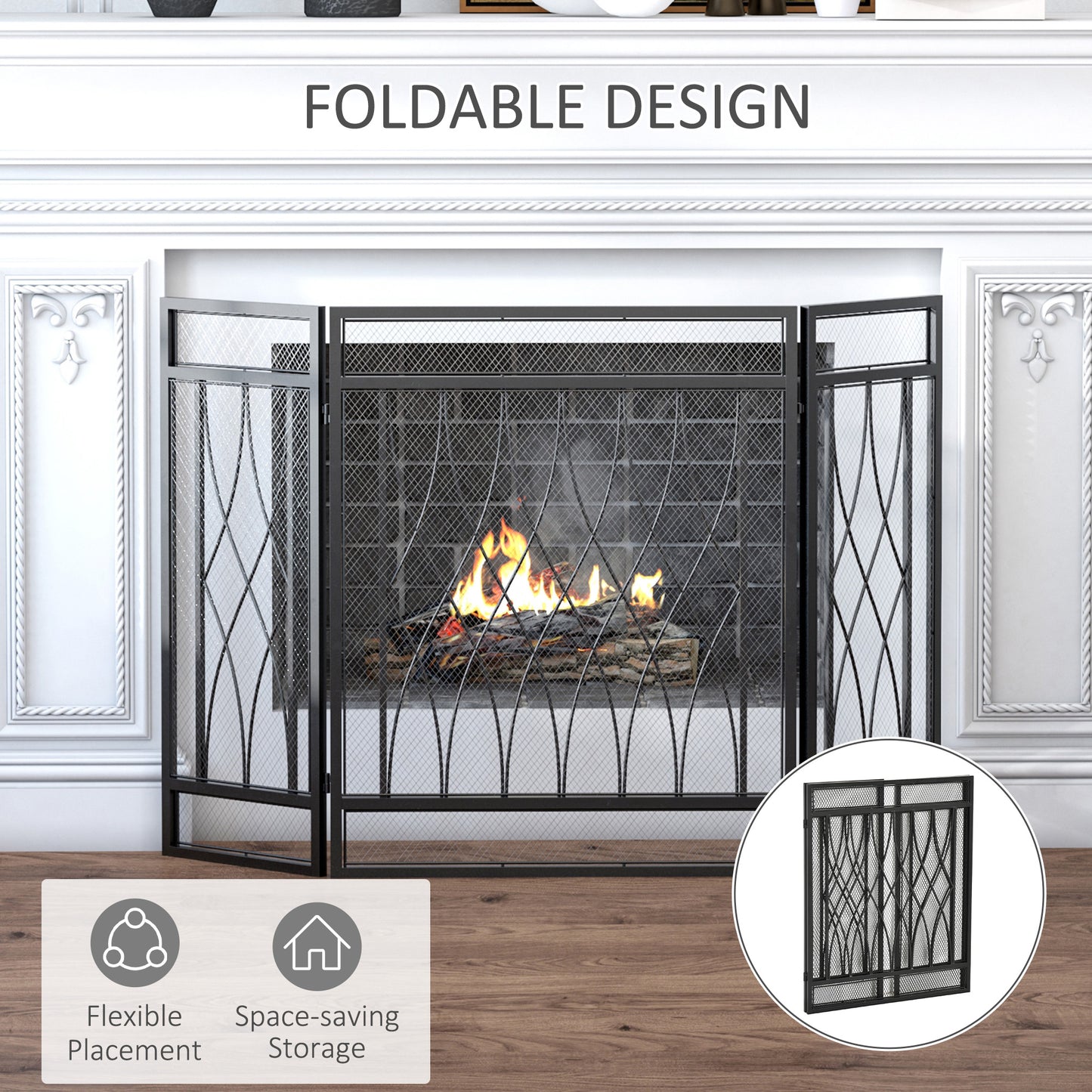 126cm 3-Panel Metal Folding Fireplace Screen Heat Flame Protective Guard Child Pet Home Spark Barrier Surround w/ Mesh Patter