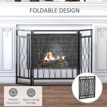126cm 3-Panel Metal Folding Fireplace Screen Heat Flame Protective Guard Child Pet Home Spark Barrier Surround w/ Mesh Patter
