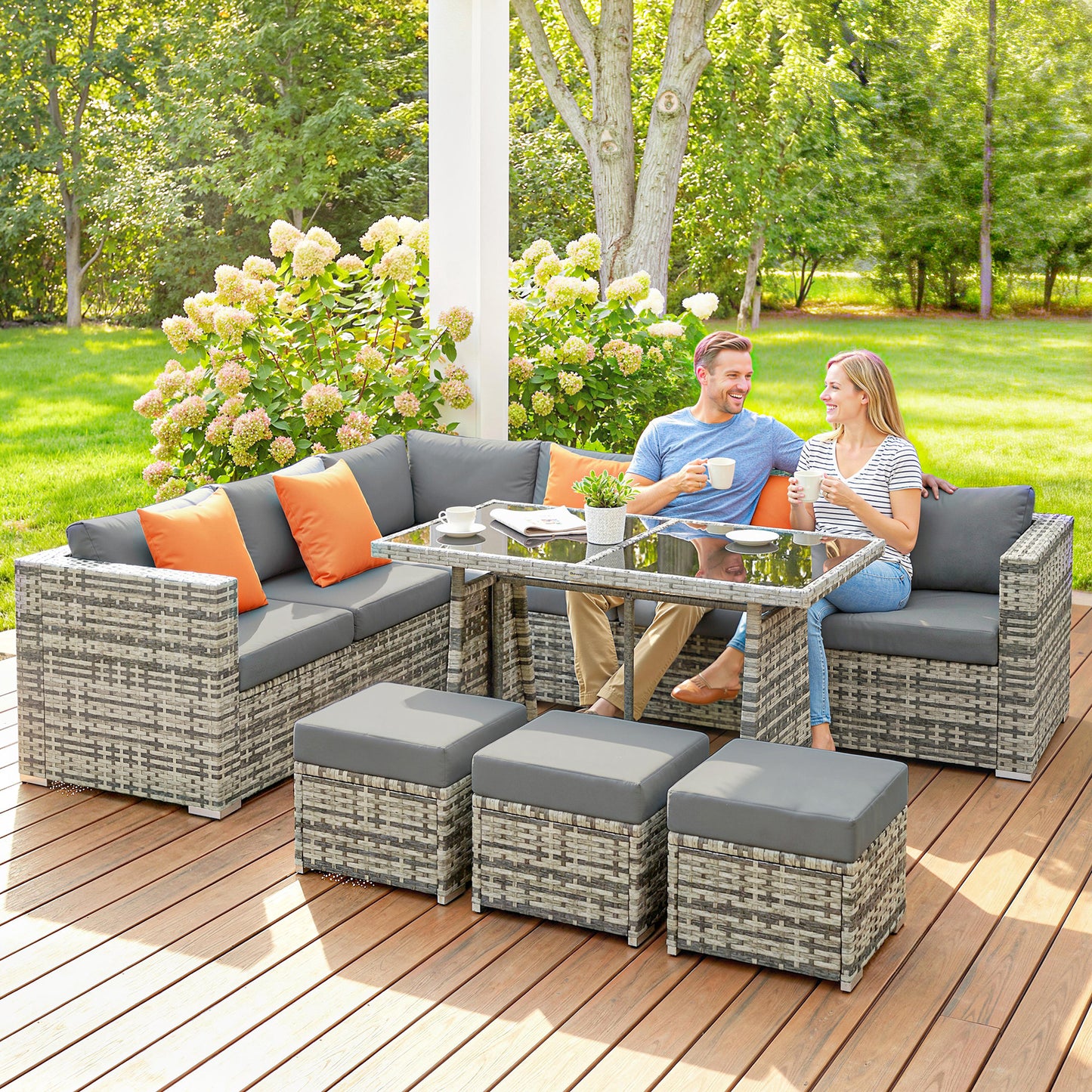10 Piece Rattan Garden Furniture Set, 3 Corner Sofas with 3 Chairs, 3 Stools and Coffee Table, Outdoor Patio Furniture
