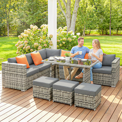 10 Piece Rattan Garden Furniture Set, 3 Corner Sofas with 3 Chairs, 3 Stools and Coffee Table, Outdoor Patio Furniture