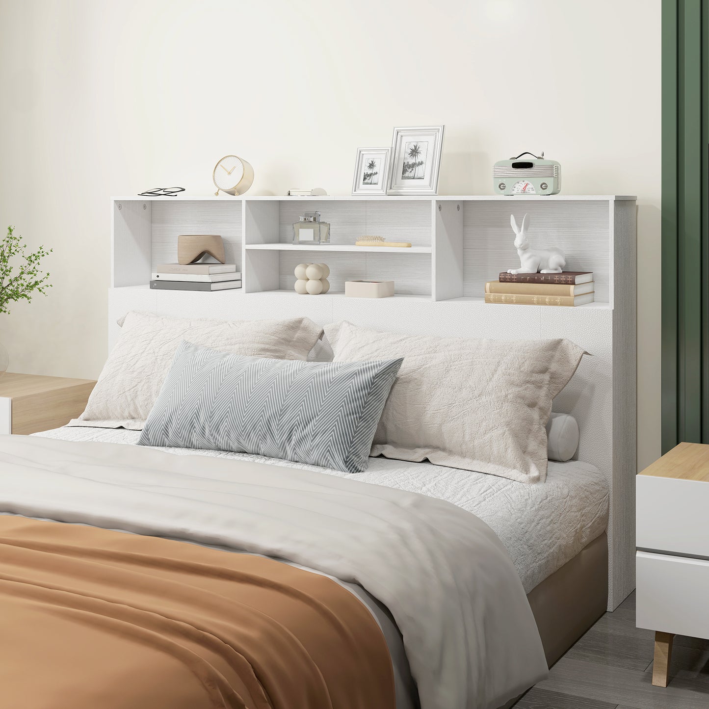 King-Size Headboard with Storage, Freestanding Bed Headboard with 4 Open Compartments for Bedroom, White
