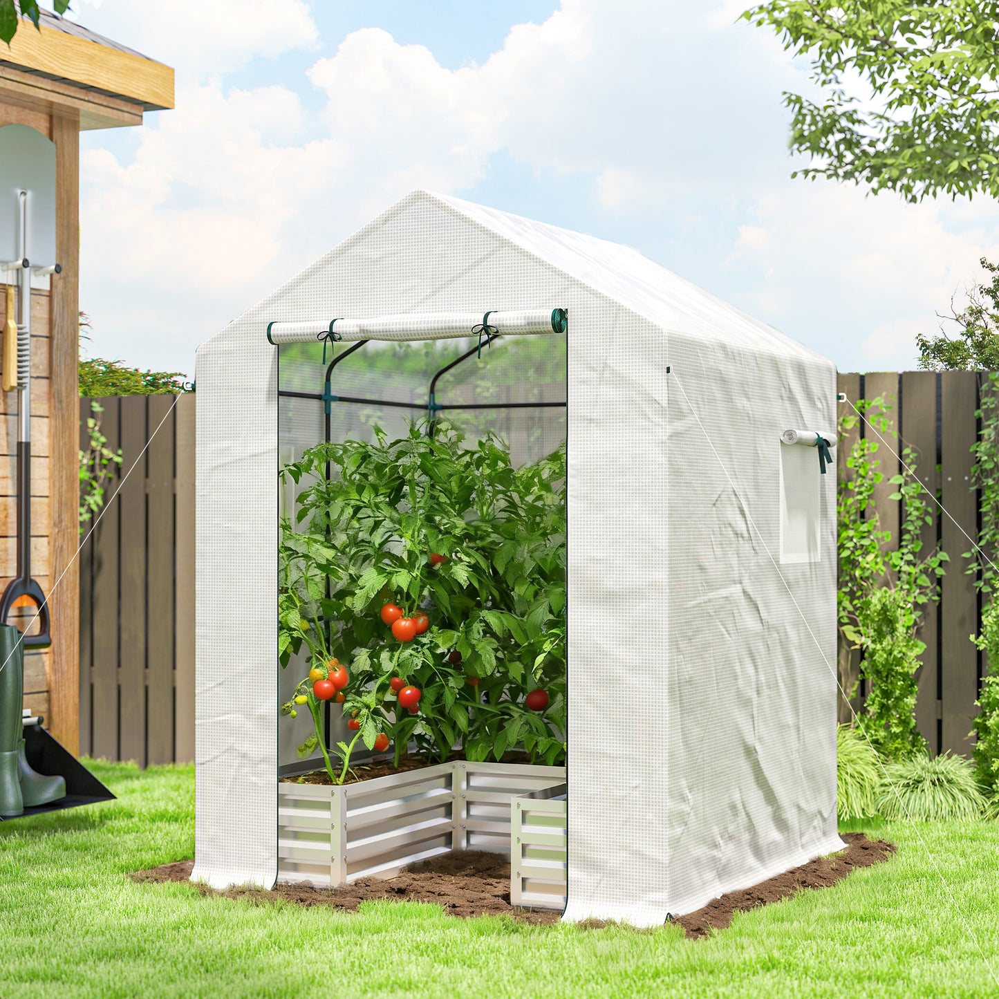 Small Greenhouse with Raised Garden Bed, Galvanised Walk-in Greenhouse with Roll Up Windows, 141 x 141 x 190 cm, White