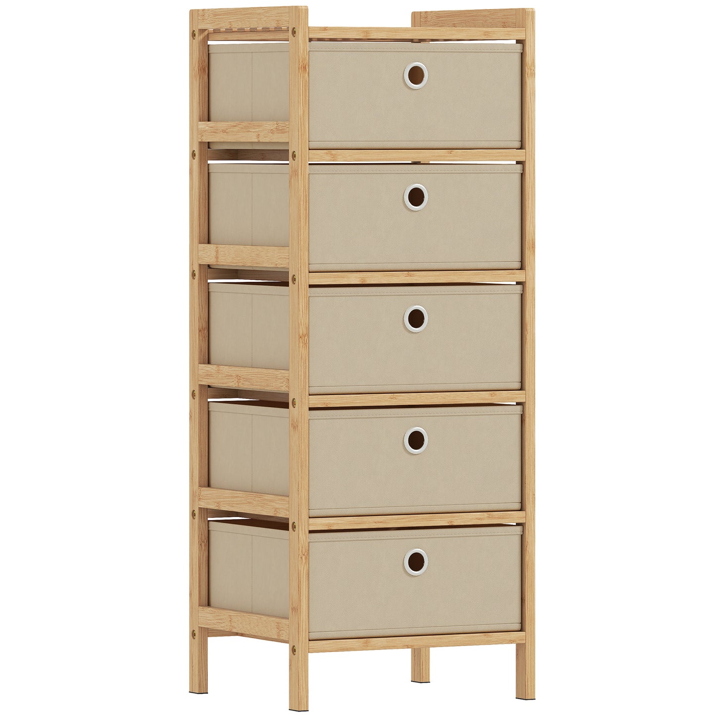 Chest of Drawers, 5 Fabric Drawers Narrow Dresser with Bamboo Frame, Cream White