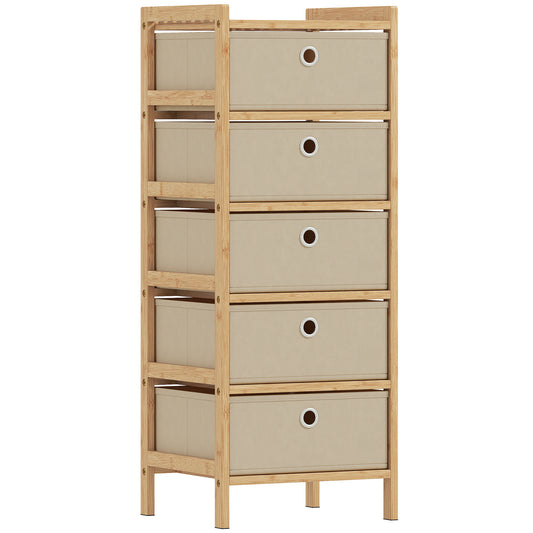 Chest of Drawers, 5 Fabric Drawers Narrow Dresser with Bamboo Frame, Cream White