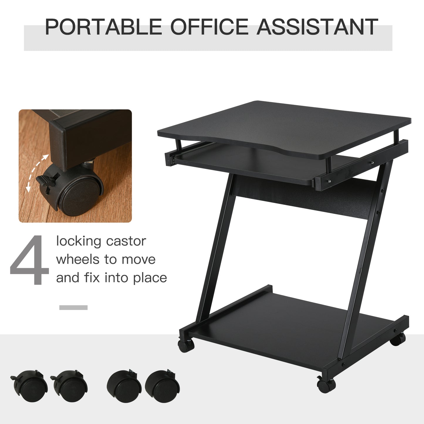 Movable Computer Desk with 4 Moving Wheels and Keyboard Tray Black