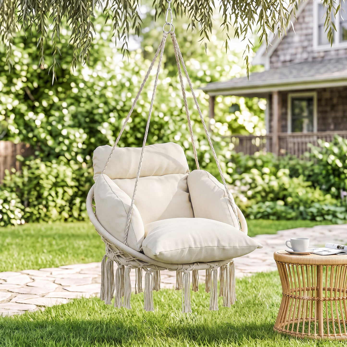 Hanging Chair Outdoor Hammock Chair with Soft Cushion, Cotton Rope Boho Style Swing Chair