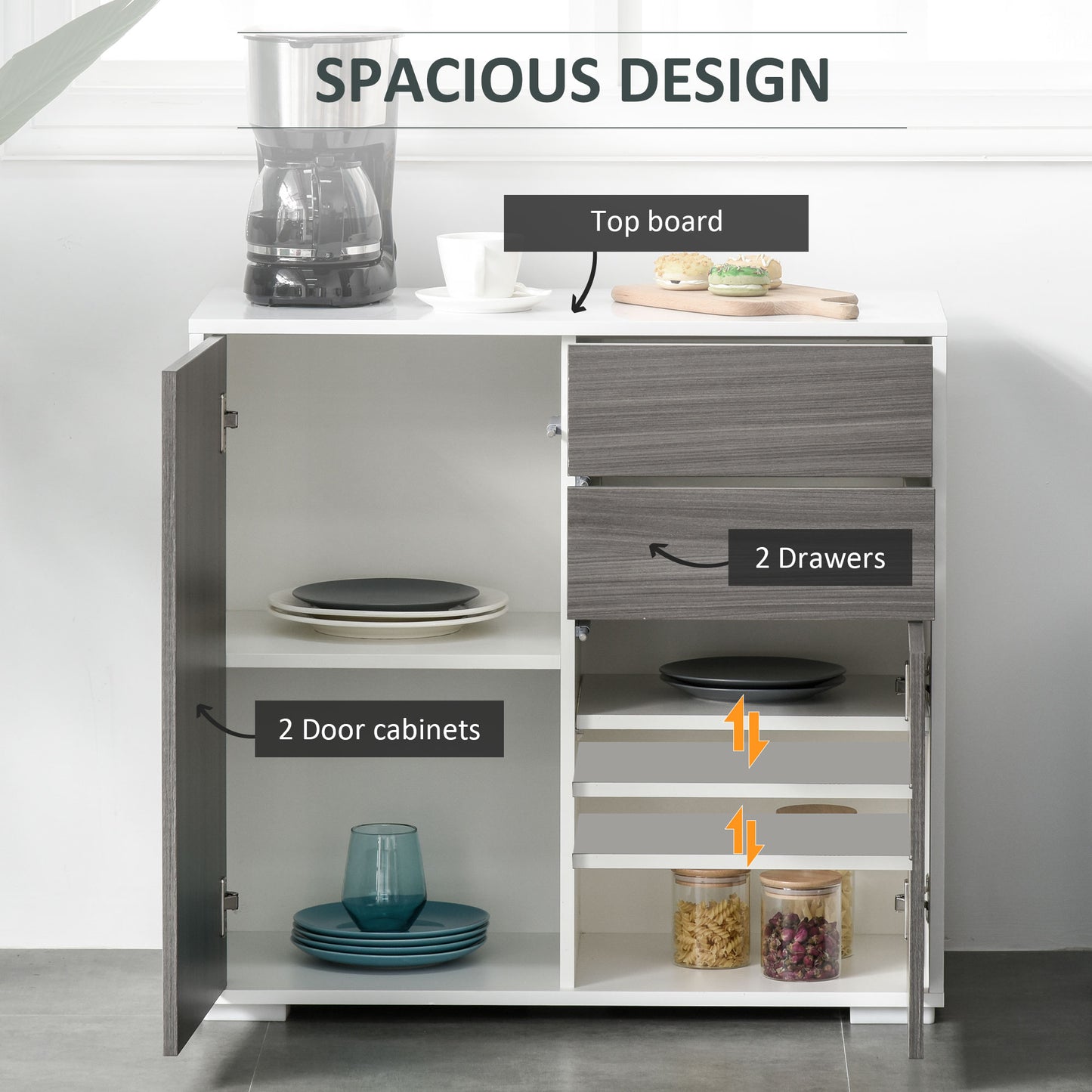High Gloss Frame Sideboard, Side Cabinet, Push-Open Design with 2 Drawer for Living Room, Bedroom, Grey