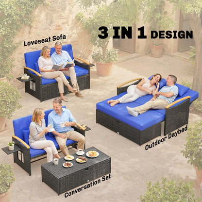 Double Garden Rattan Daybed, Wicker Sun Bed Chaise Lounger with Storage Ottoman, 4-Level Adjustable Backrest, Brown