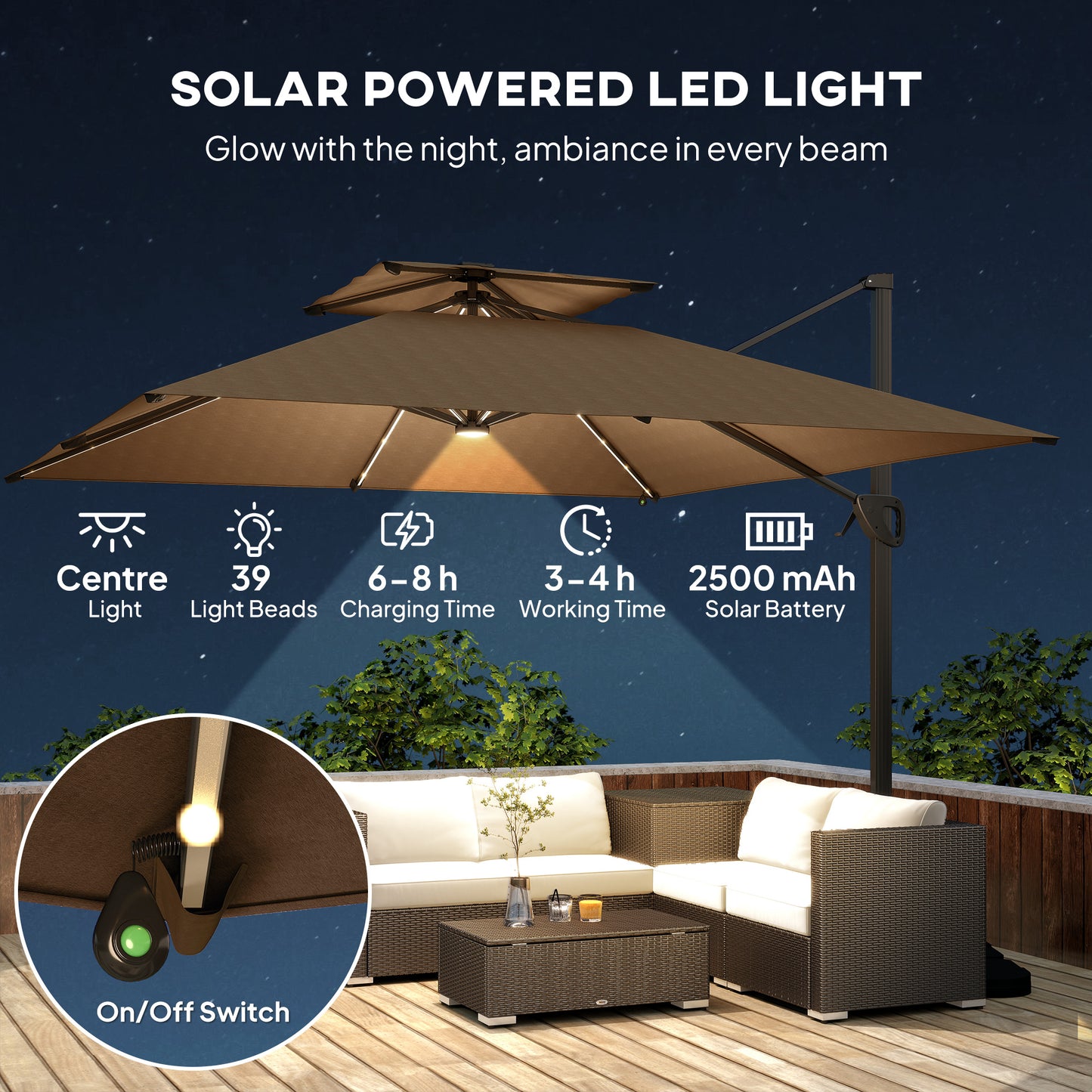 Multi-Angle LED Light Parasol Umbrella - Khaki