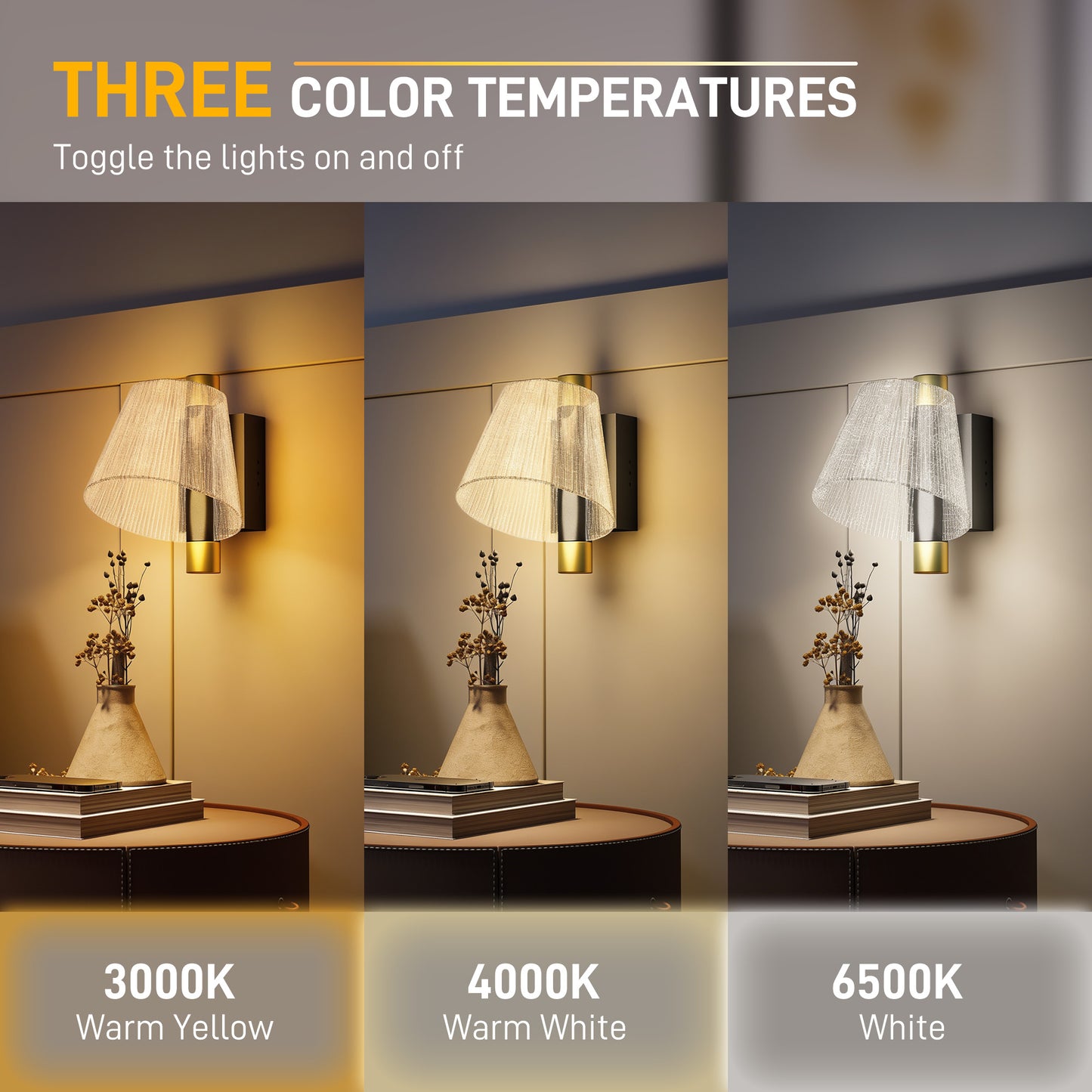 Led Wall Lamp 2 Pack, 5W Modern Indoor Starry Wall Light, Colour Temperature Adjustable 3000K/4000K/6500K, for Bedroom
