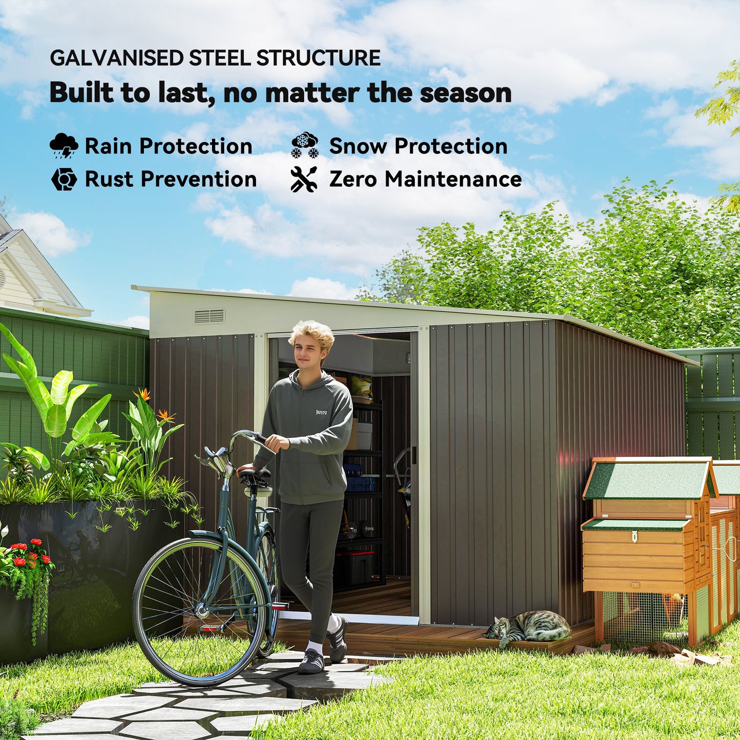 11.3 x 9.2ft Lean to Metal Garden Shed, Waterproof Outdoor Tool & Bike Storage Shed Galvanised with Lockable Double Sliding D