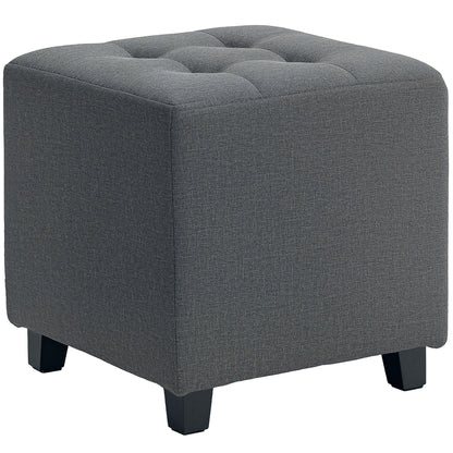 Square Footstool, Small Ottoman with Side Pocket, Linen Fabric Footrest Foot Stool with Rubber Wood Legs and Padded Seat for