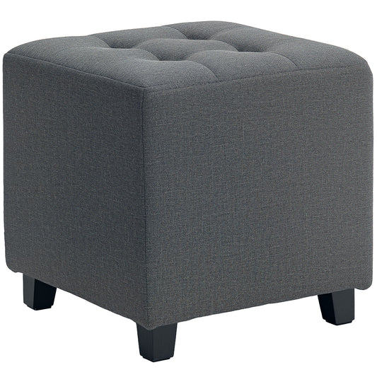 Square Footstool, Small Ottoman with Side Pocket, Linen Fabric Footrest Foot Stool with Rubber Wood Legs and Padded Seat for