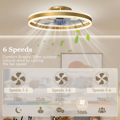 Ceiling Fan with Light and Remote, LED Mount Ceiling Fan with 3 Colour Temperatures, 6 Speed, 50 cm, Gold Tone