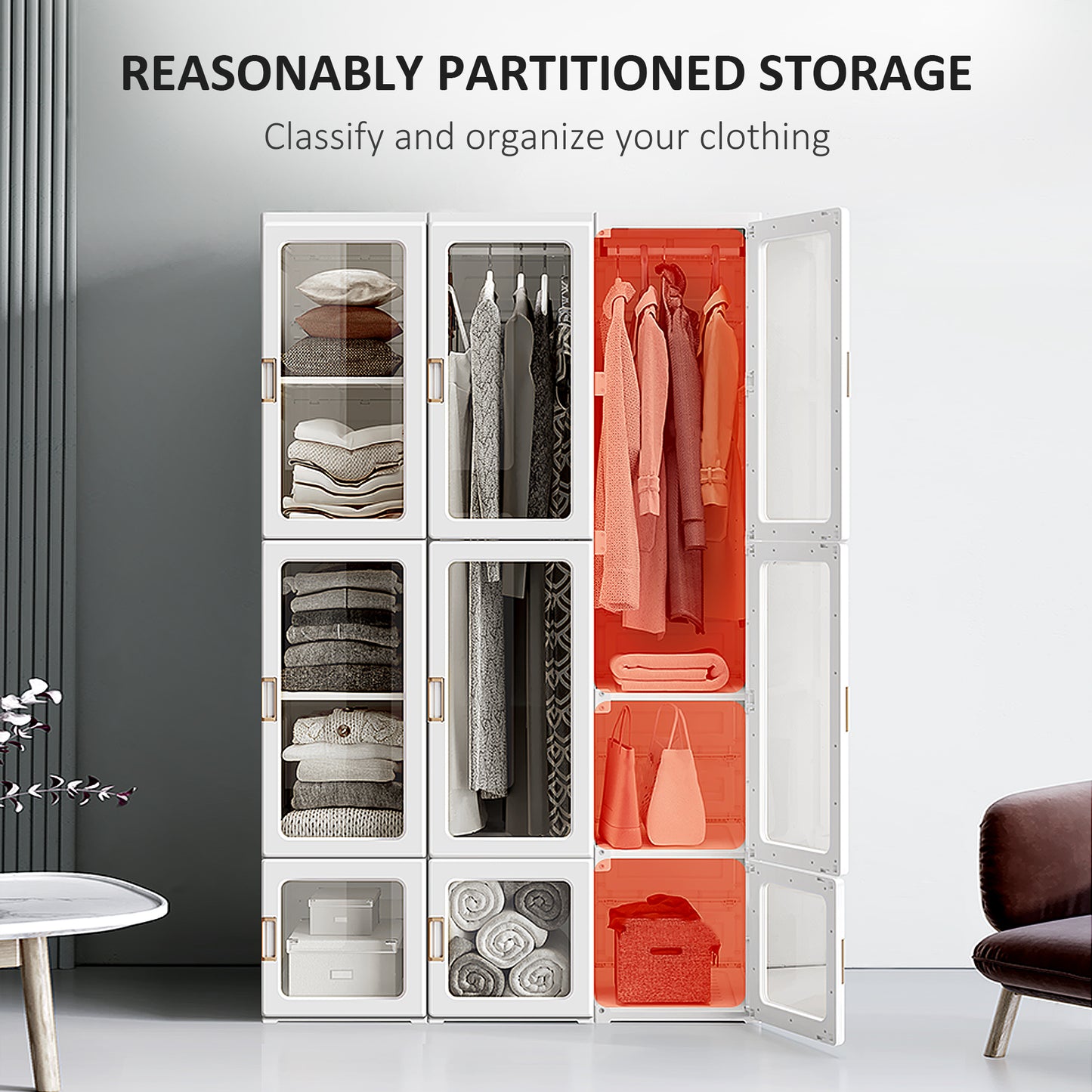 Portable Clothes Wardrobe for Bedroom, Foldable Clothes Organiser with Cube Storage, Hanging Rods, Magnet Doors, White