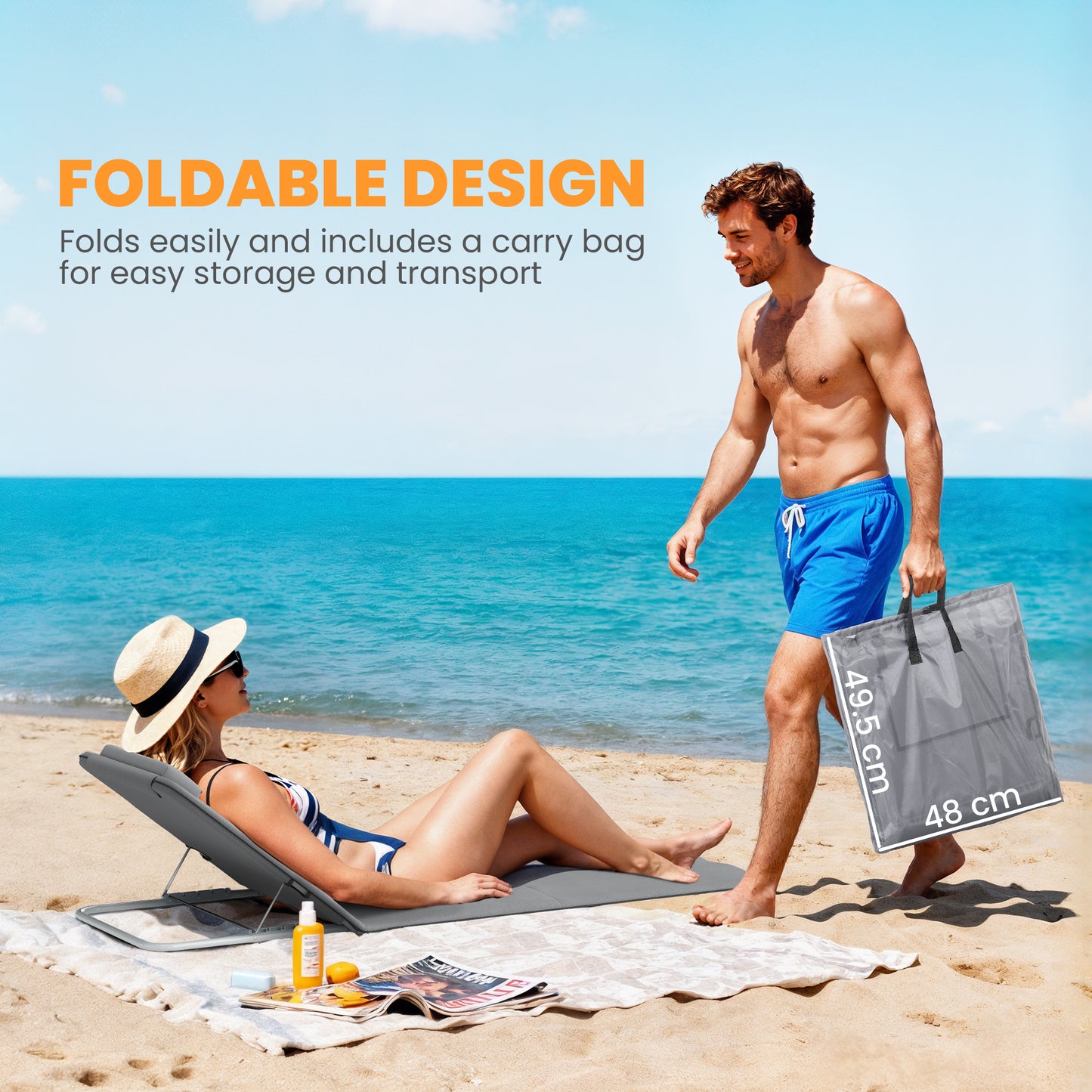 Set of 2 Foldable Garden Beach Chair Mat Lightweight Outdoor Sun Lounger Seats Adjustable Back Metal Frame PE Fabric Head Pil