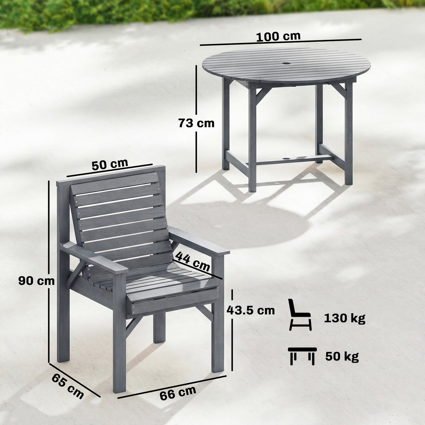 5 Pieces Garden Dining Set with Parasol Hole, Round Outdoor Table and Chairs, 4 Seater Wooden Garden Furniture, Grey