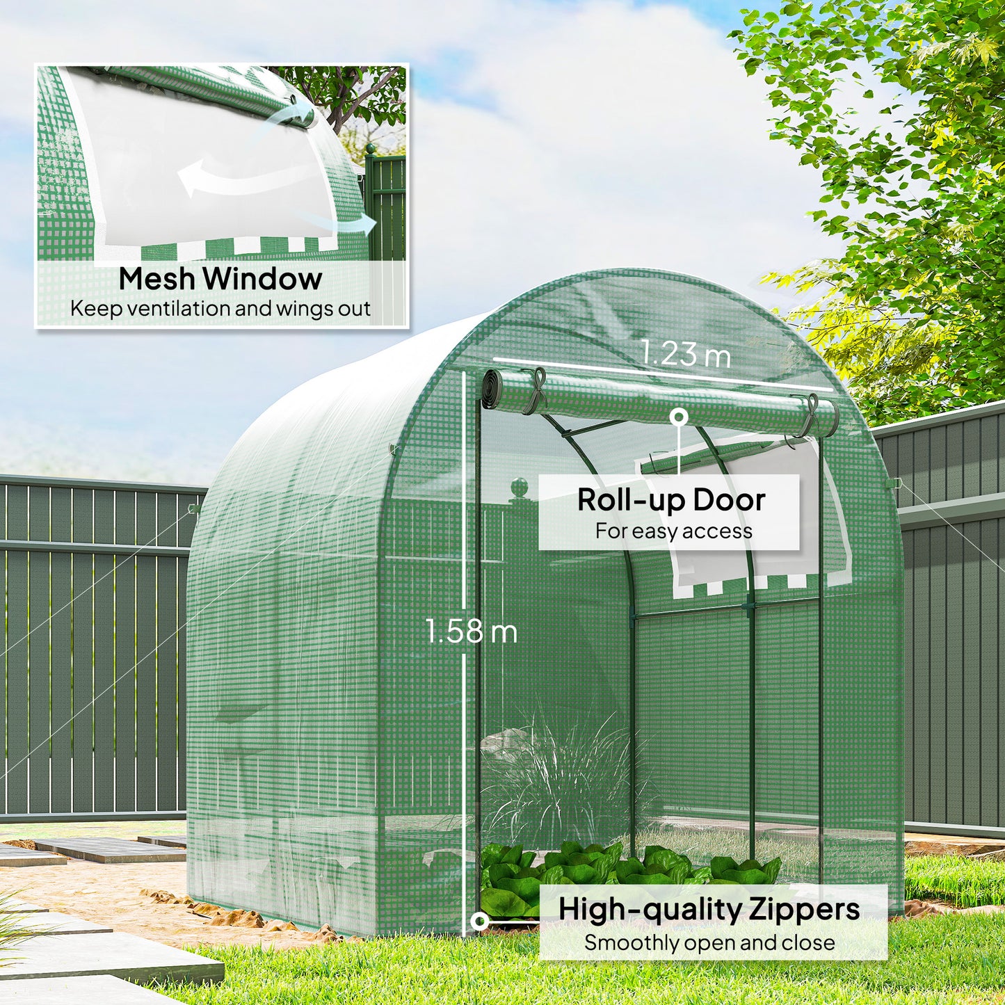 Walk in Polytunnel Greenhouse, Green House for Garden with Roll-up Window and Door, 1.8 x 1.8 x 2 m, Green
