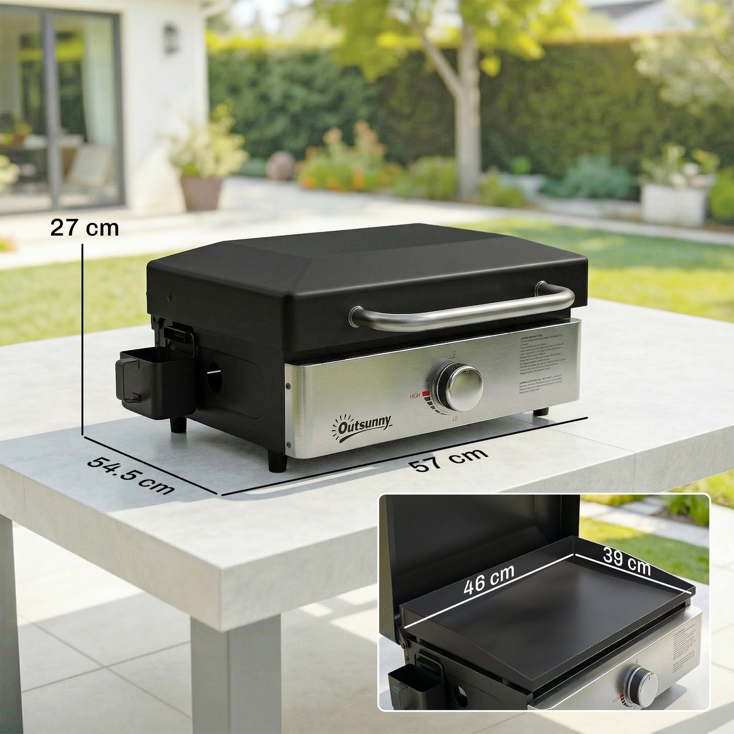 Grill Griddle, Portable Gas Plancha, 3.5 kW, Tabletop Gas BBQ with Grease Cup for Camping Picnic Patios, Black
