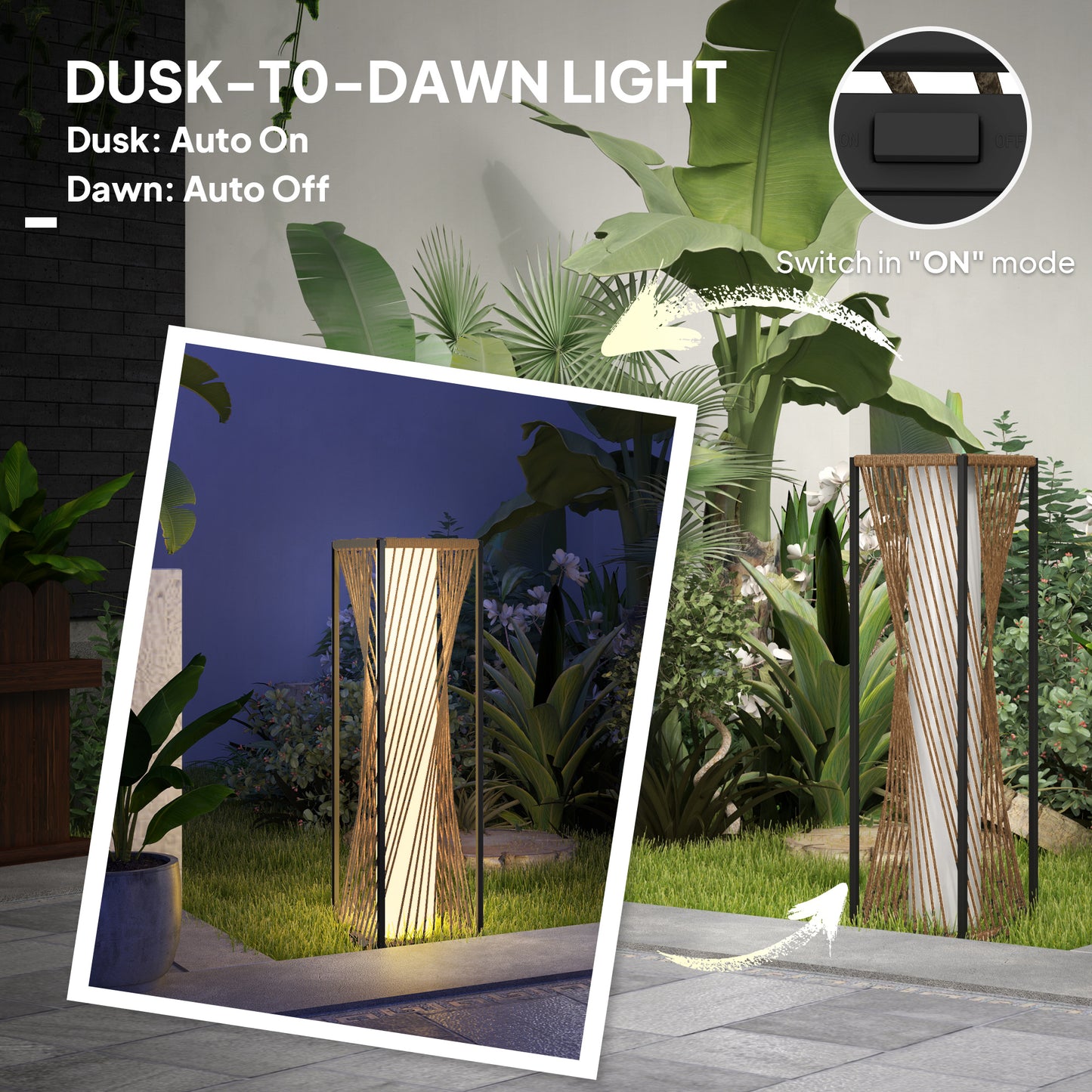 Rattan Solar Garden Lights, Auto On/Off LED Floor Lamp, Sand Brown
