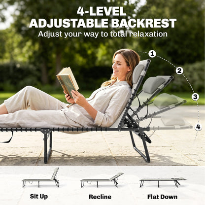 Foldable Sun Lounger, Outdoor 4 Level Adjustable Backrest Reclining Chaise Chair, Steel Frame Recliner Chair for Camping
