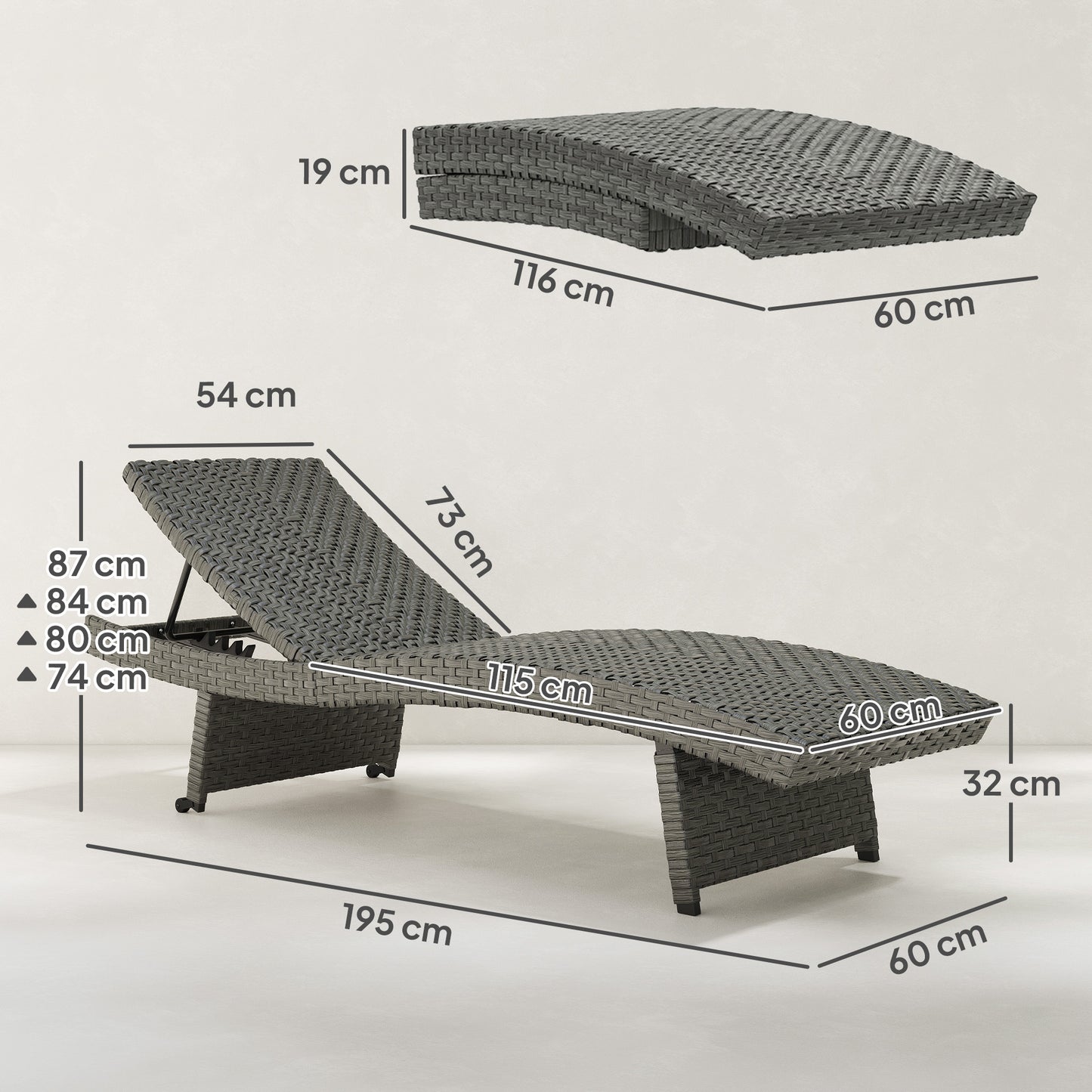 Outdoor PE Rattan Sun Lounger, Folding Wicker Garden Lounger Recliner with 4-Level Adjustable Backrest