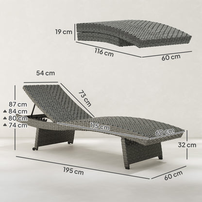 Outdoor PE Rattan Sun Lounger, Folding Wicker Garden Lounger Recliner with 4-Level Adjustable Backrest