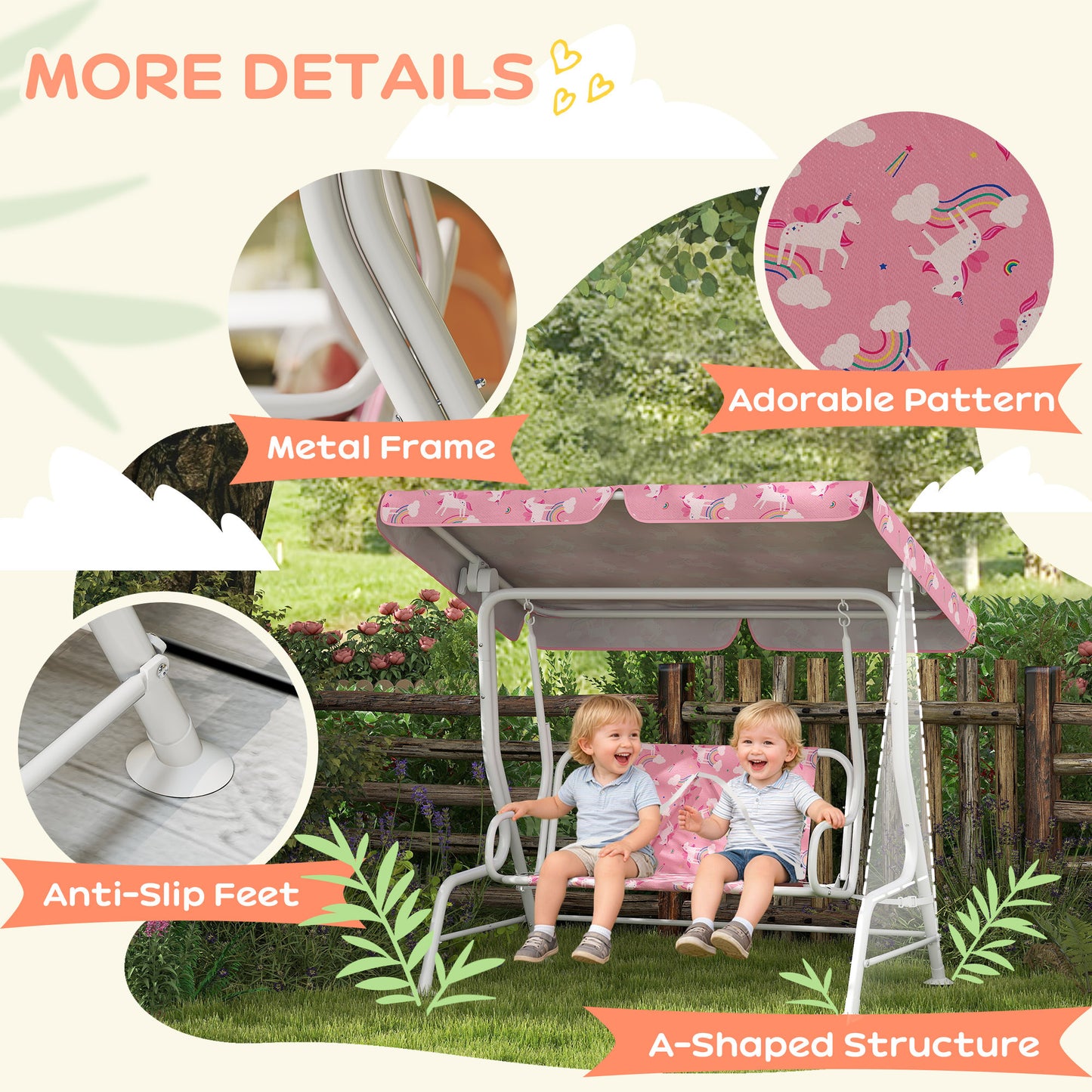 Kids Porch Swing, 2-Seater Patio Swing Bench Hammock with Seat Belts, Adjustable Canopy for Garden, Pink