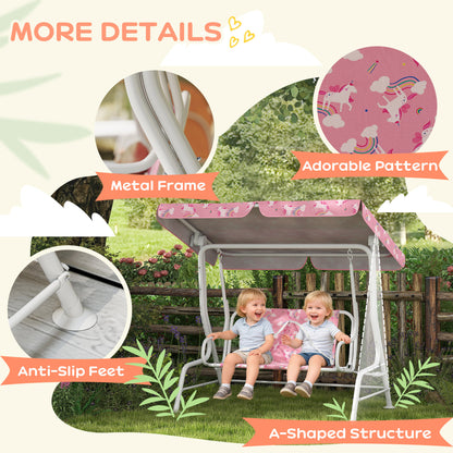Kids Porch Swing, 2-Seater Patio Swing Bench Hammock with Seat Belts, Adjustable Canopy for Garden, Pink