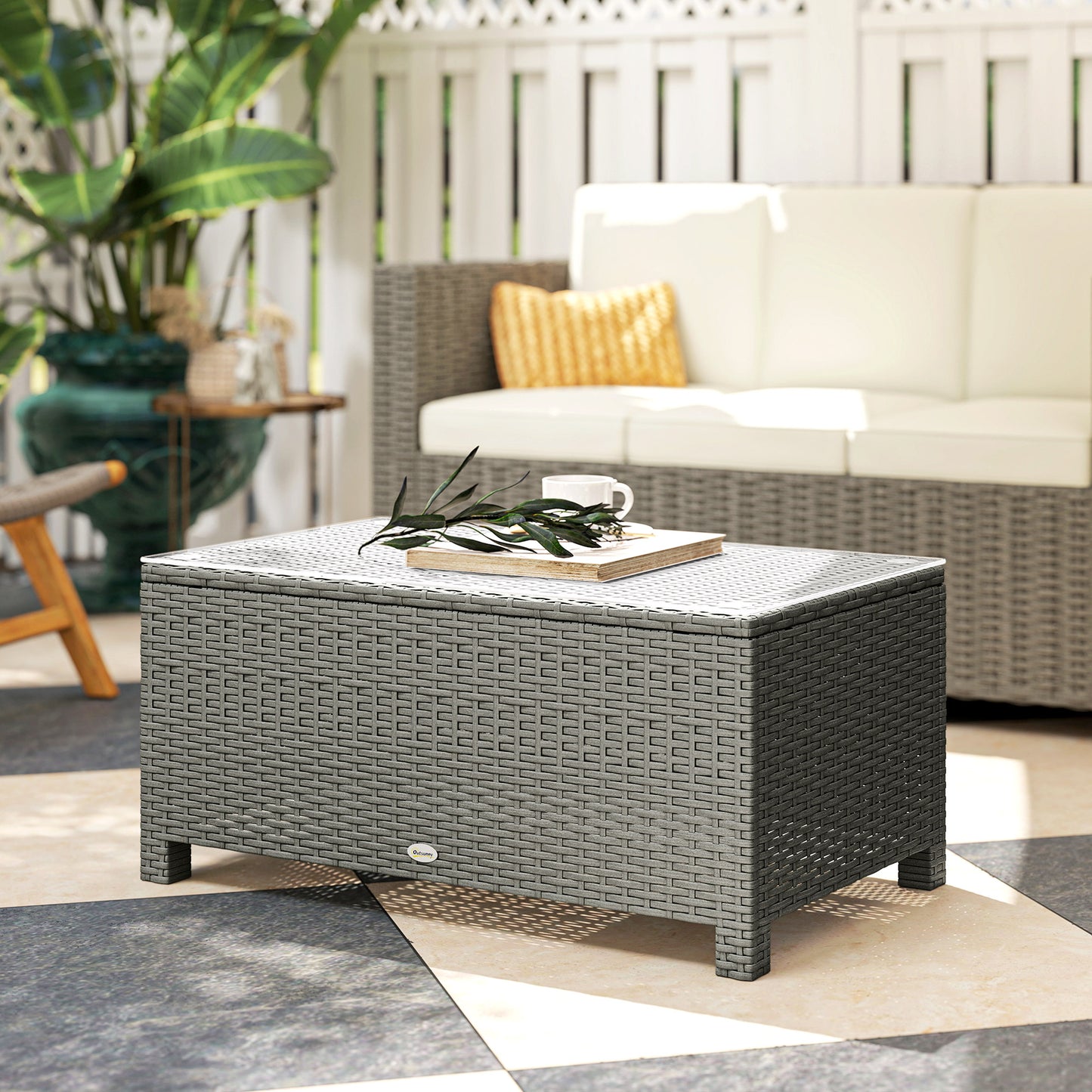 Rattan Garden Coffee Table with Glass Top, Light Grey