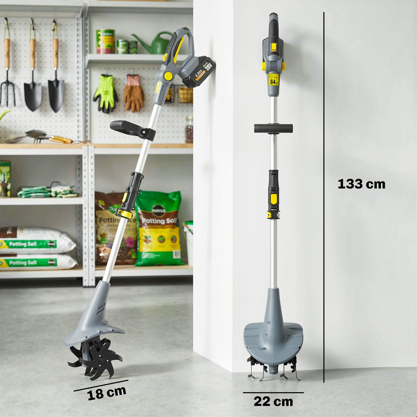 Cordless Tiller, 18V Electric Garden Rotavator with 2 x 4000mAh Batteries, Charger, 20cm Tilling Width & 18cm Depth