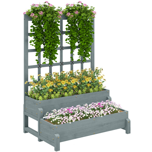 2-Tier Raised Garden Bed with Trellis, Wooden Elevated Planter Box with Drainage Holes
