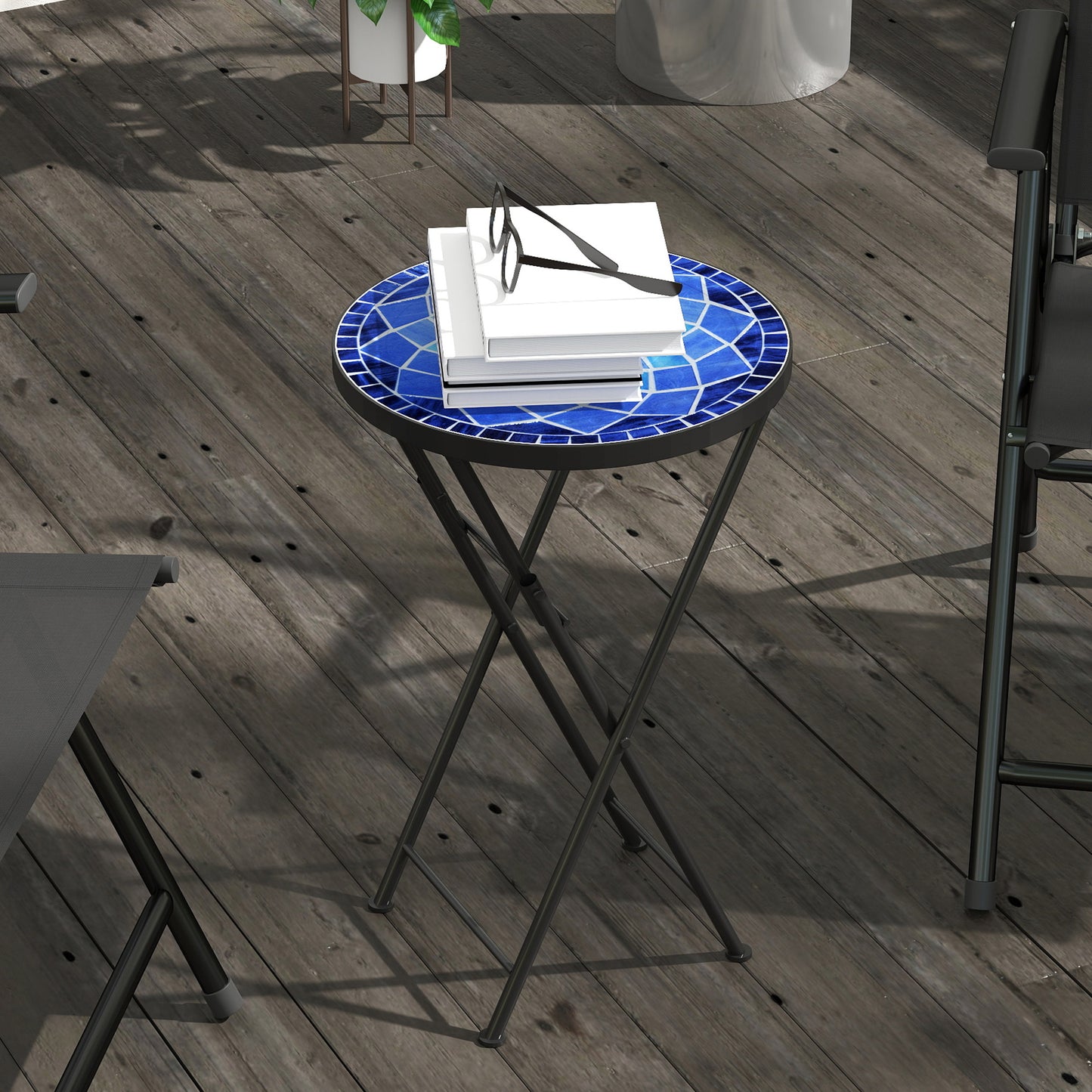 Mosaic Outdoor Garden Table, 35.5cm Round Folding Coffee Table with Metal Frame for Balcony Terrace, Navy Blue