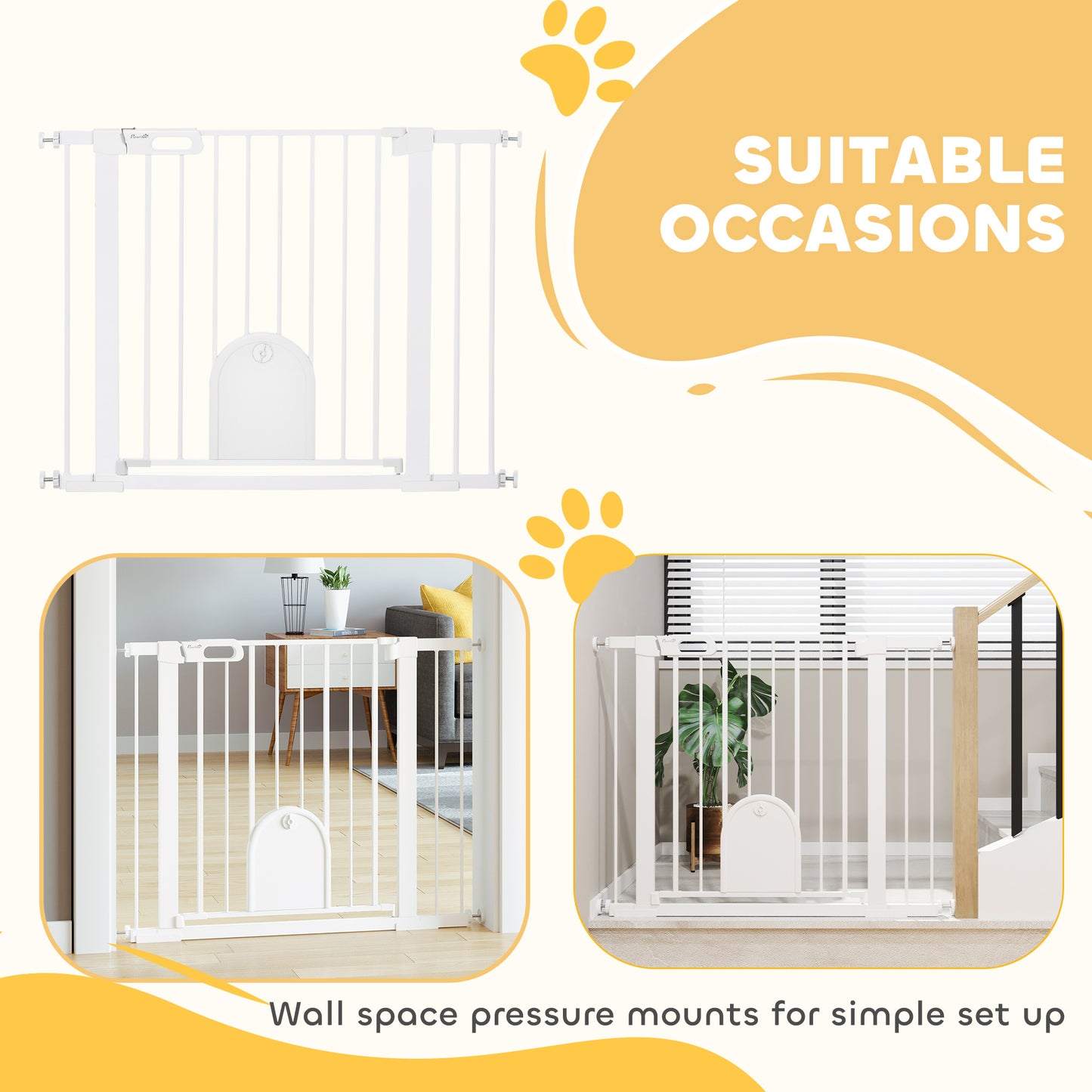 Dog Gate with Cat Flap Pet Safety Gate Barrier, Stair Pressure Fit, Auto Close, Double Locking, for Doorways, Hallways