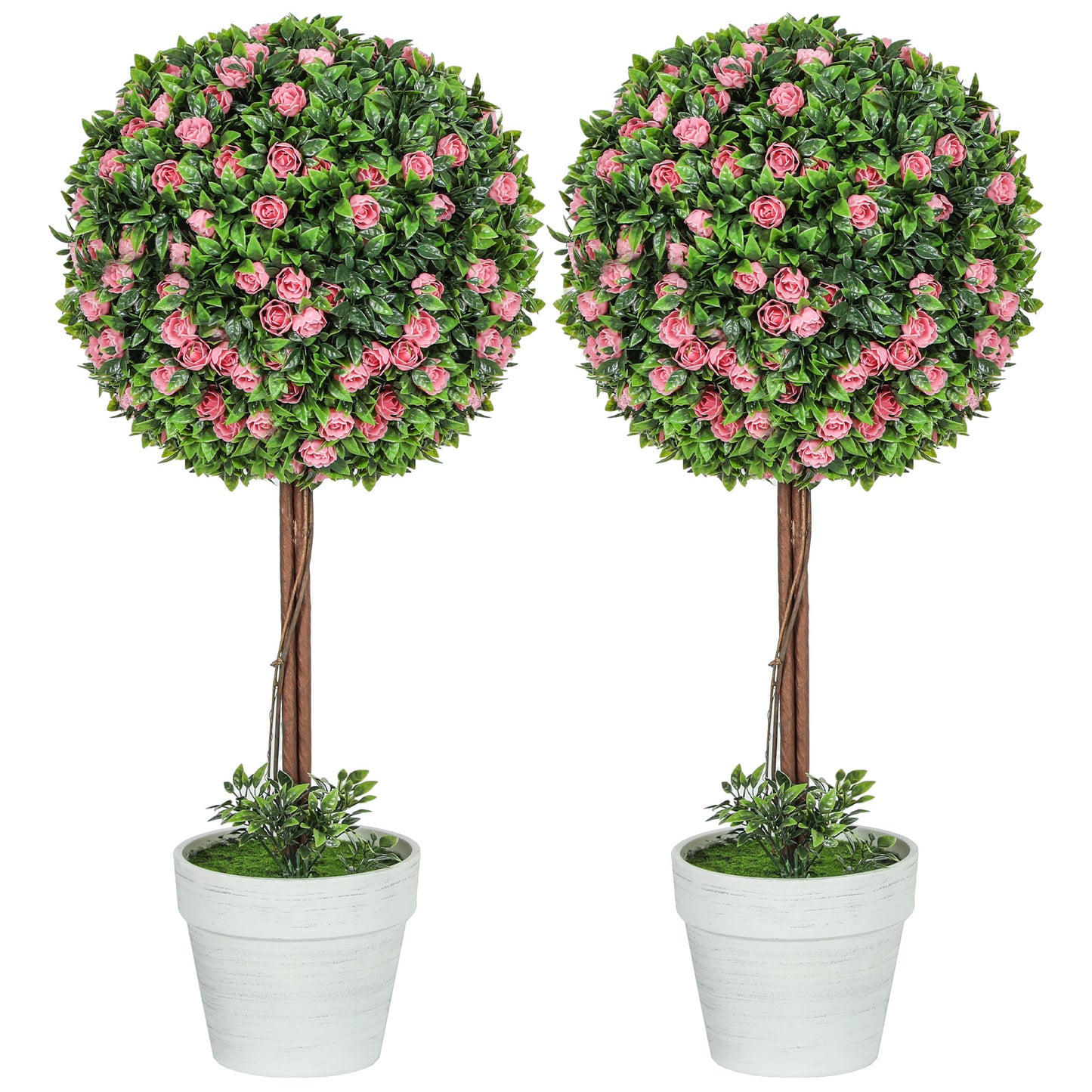 Set of 2 Decorative Artificial Plants, Ball Topiary Tree with Rose Flower in Pot, Fake Plants for Home Indoor Outdoor Decor