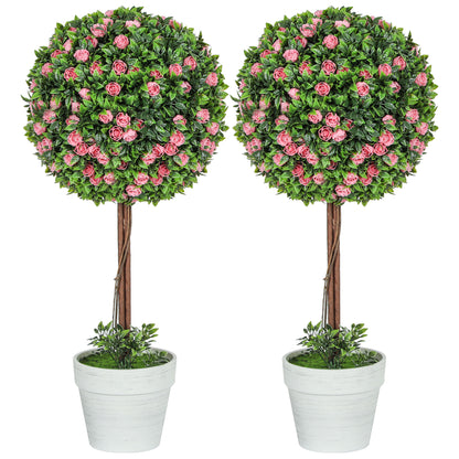 Set of 2 Decorative Artificial Plants, Ball Topiary Tree with Rose Flower in Pot, Fake Plants for Home Indoor Outdoor Decor