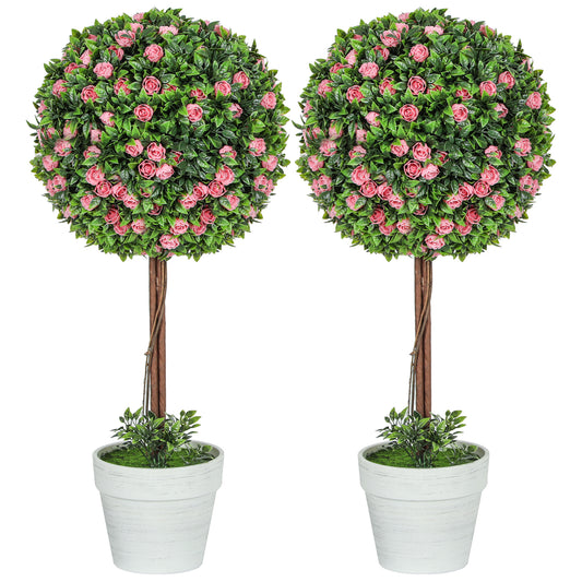 Set of 2 Decorative Artificial Plants, Ball Topiary Tree with Rose Flower in Pot, Fake Plants for Home Indoor Outdoor Decor