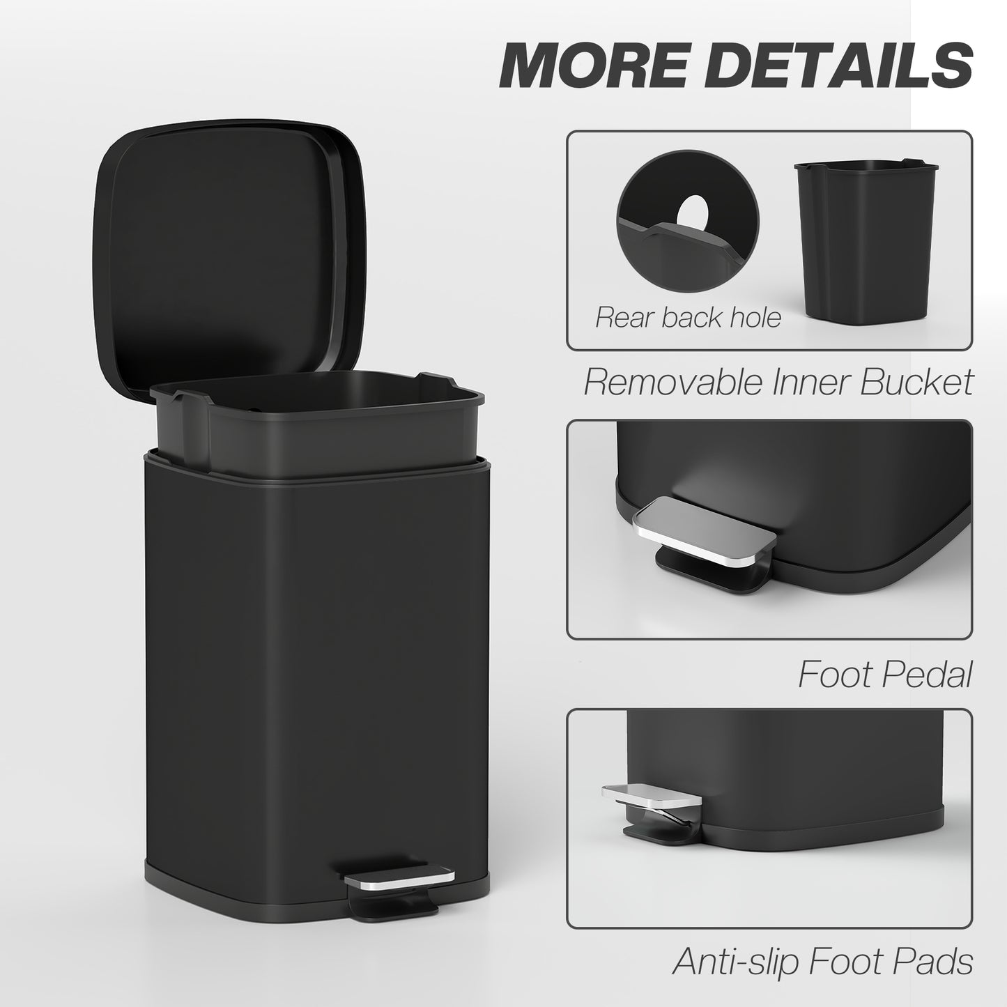 20L Modern Boxy Metal Home Kitchen Bin - Black
