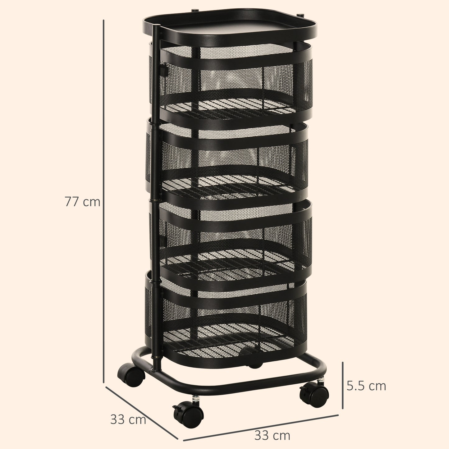 Metal Storage Cart, 4-Tier Storage Trolley on Wheels with 4 Mesh Baskets and Top Tray, Black