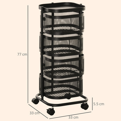 Metal Storage Cart, 4-Tier Storage Trolley on Wheels with 4 Mesh Baskets and Top Tray, Black