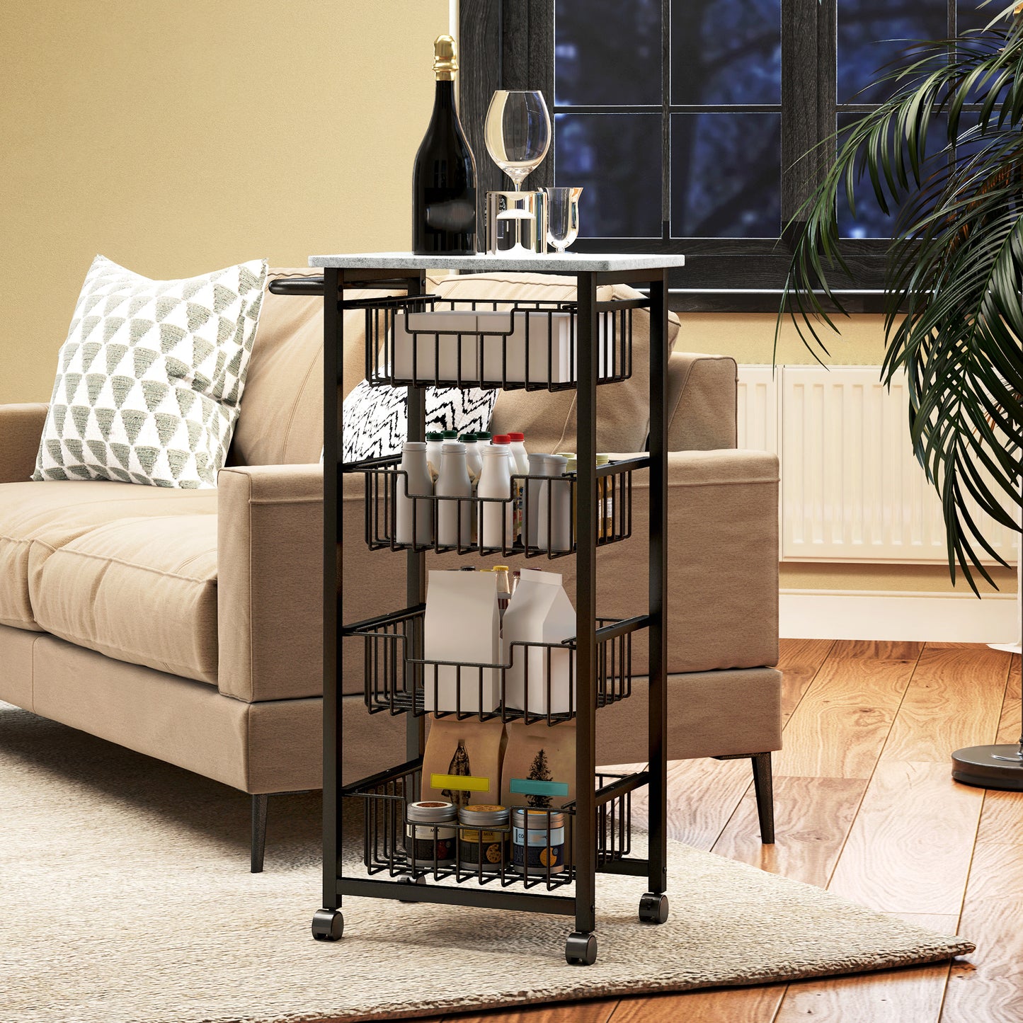 Four Basket Mobile Kitchen Island, with Brakes - Grey/Black
