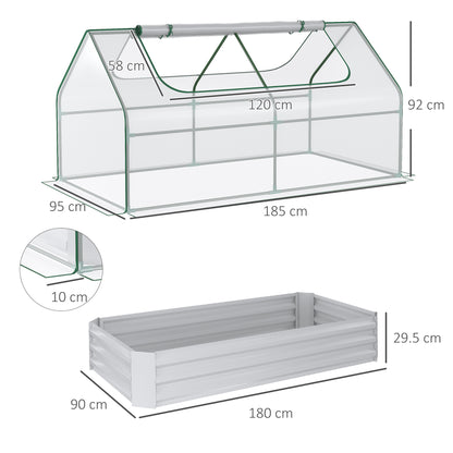 Raised Garden Bed with Greenhouse, Steel Planter Box with Plastic Cover, Roll Up Window, Dual Use for Flowers, Vegetables